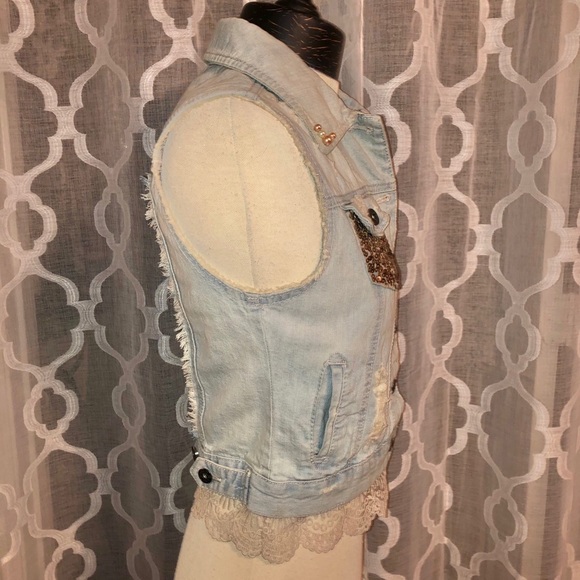 Upcycled Rose Gold Lace Light Denim Vest - Picture 7 of 14